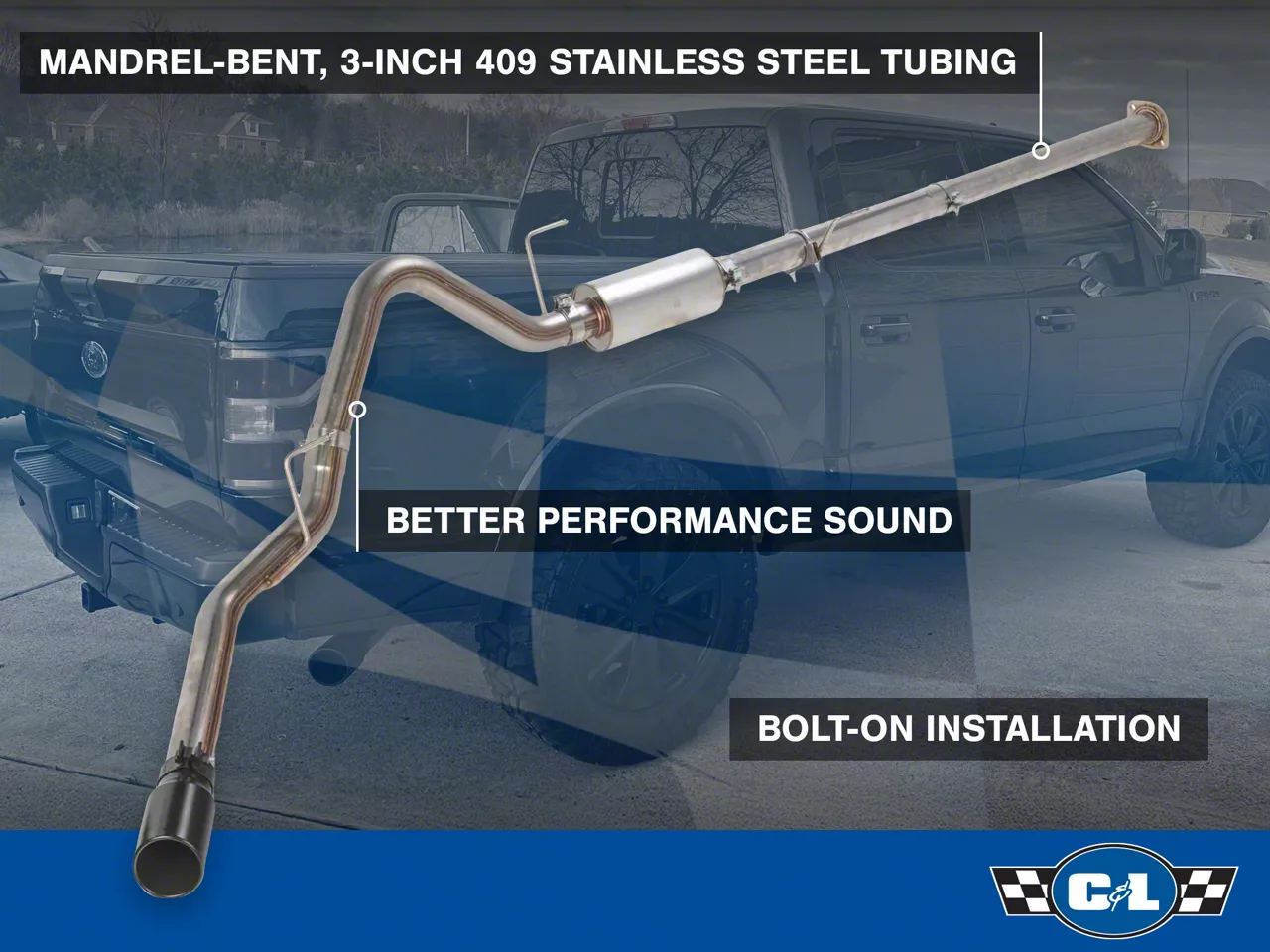 C&L 3 inch single exhaust black tip side exit F-150 5.0L C&L 3 inch single exhaust black tip side exit F-150 5.0L